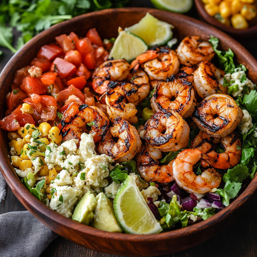 Une salade de camarones grillés mexicains avec des légumes variés.