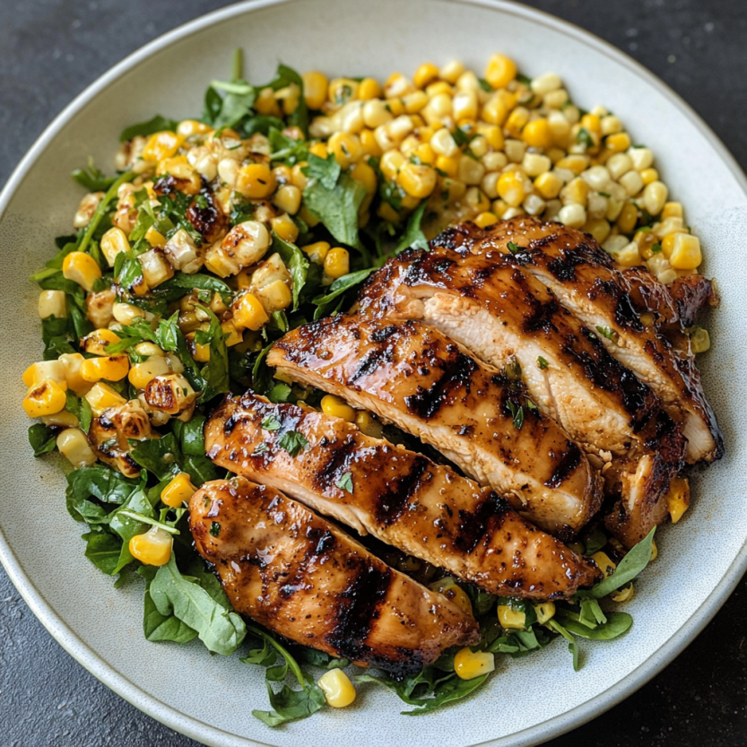 Une image de poulet grillé avec une salade de maïs doux.