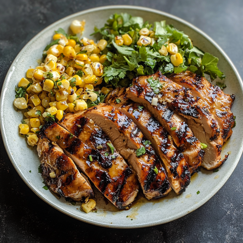 Une image de poulet grillé avec une salade de maïs doux.