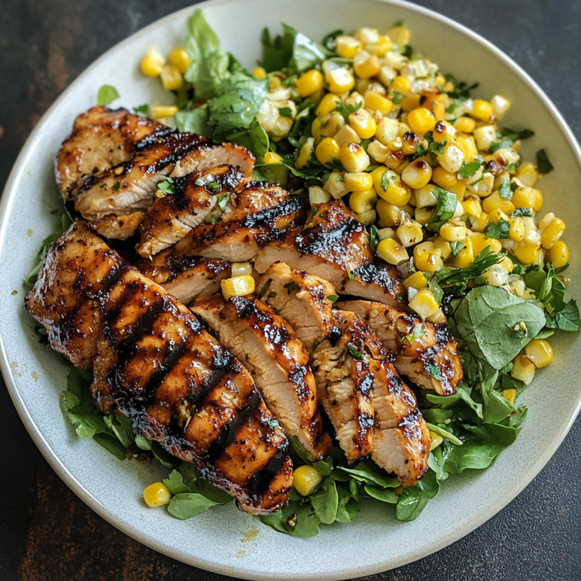 Une salade de maïs grillé avec des légumes verts et des légumes verts.