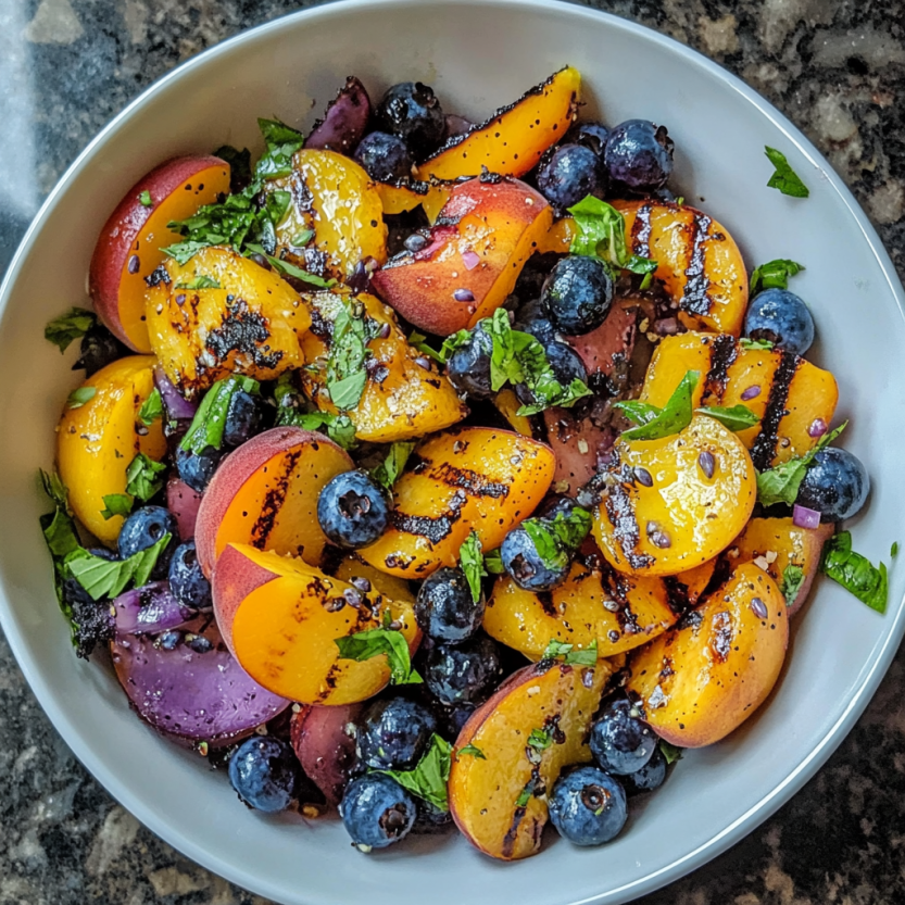 Une salade de grilled peaches et de blueberries.