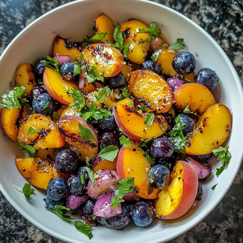Une salade de grilled peaches, blueberries et herbes.