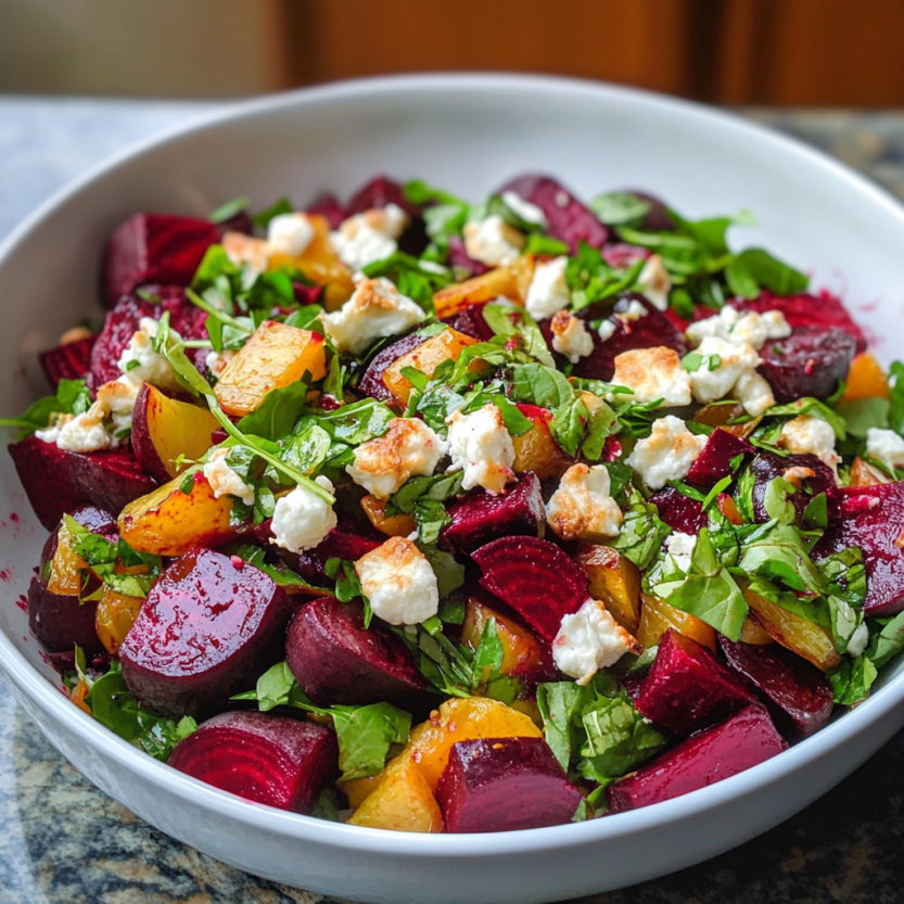 Une salade de beets rôtis avec des fromages de chèvre et des légumes verts.