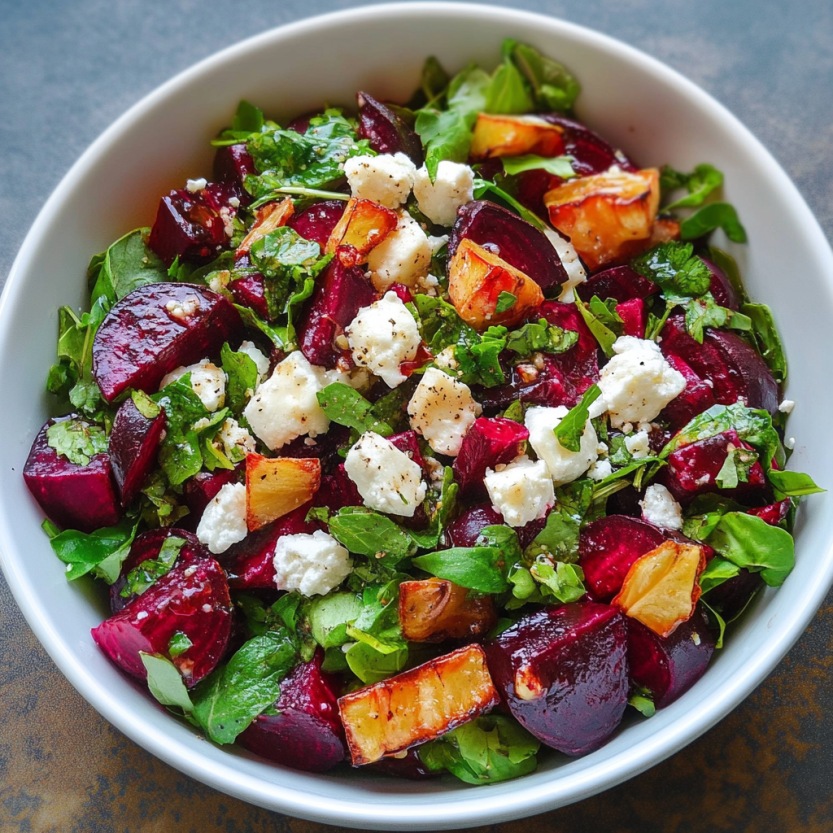 Une salade de beets grillés avec des fromages de chèvre.