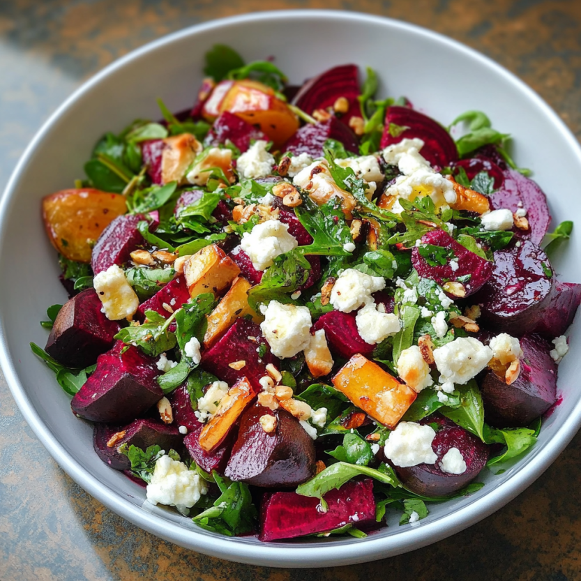 Une salade de beets rôtis avec des épinards, du fromage de chèvre et du fromage de feta.