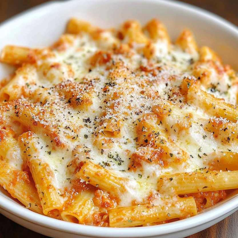 Une assiette de penne à la sauce tomate avec des herbes et des fromages.