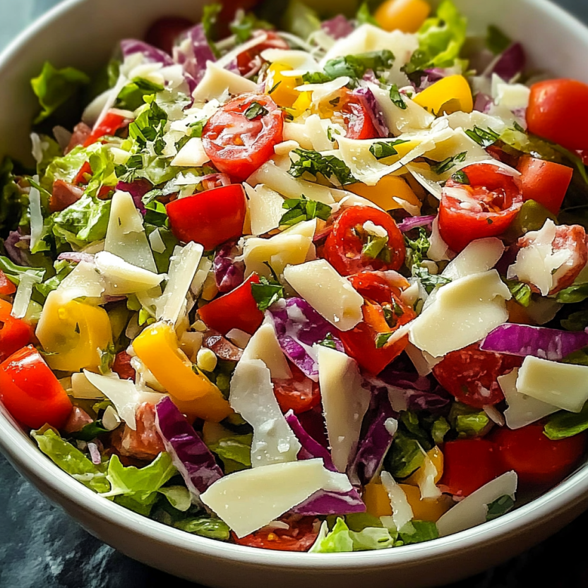 Une salade italienne composée de tomates, de laitue, de pêches, de concombre, de pamplemousses, de poivrons, de céleri et de fromage.