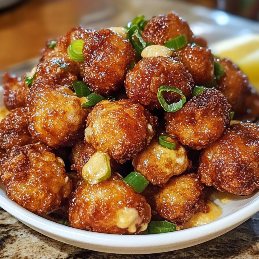 Une assiette de rattlesnake bites, un plat de frites texanes, est servie sur une table.