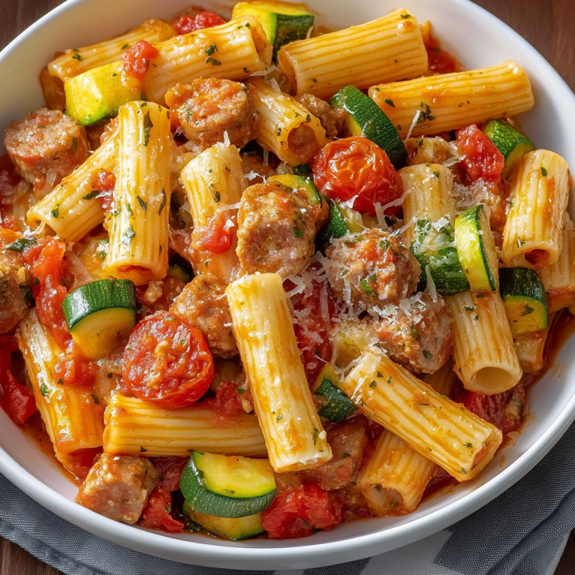 Une assiette de rigatoni avec des saucisses, des tomates et des courgettes.