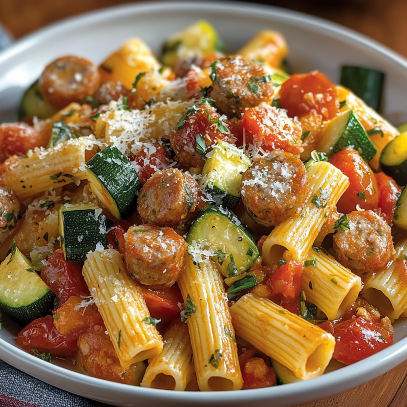 Une assiette de rigatoni avec des sausages, des tomates et des courgettes.