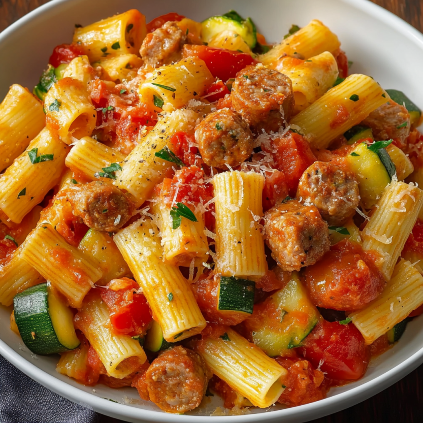 Une assiette de rigatoni avec des sausages, des tomates et des courgettes.
