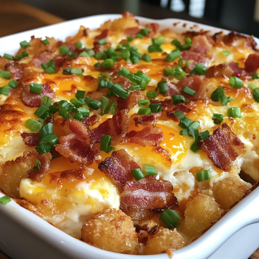Une casserole de bacon, oeufs et tater tots.