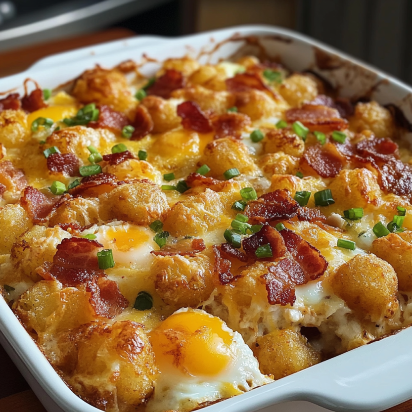 Une casserole de bacon, œufs et tater tots sur un plateau.