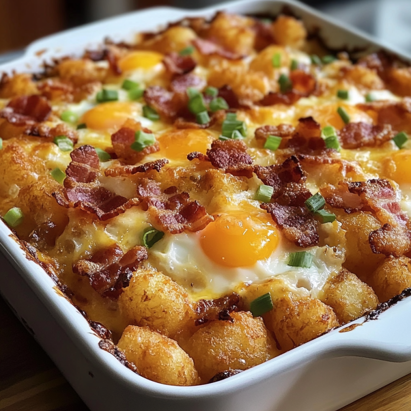 Une casserole de bacon, oeufs et tater tots.