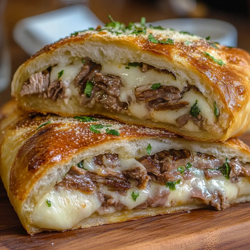 Un sandwich de cheesesteak est servie sur une table en bois.