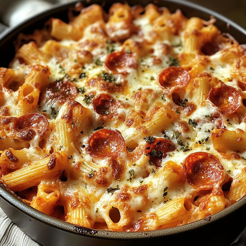 Une pizza maison faite de penne et de sauce tomate.