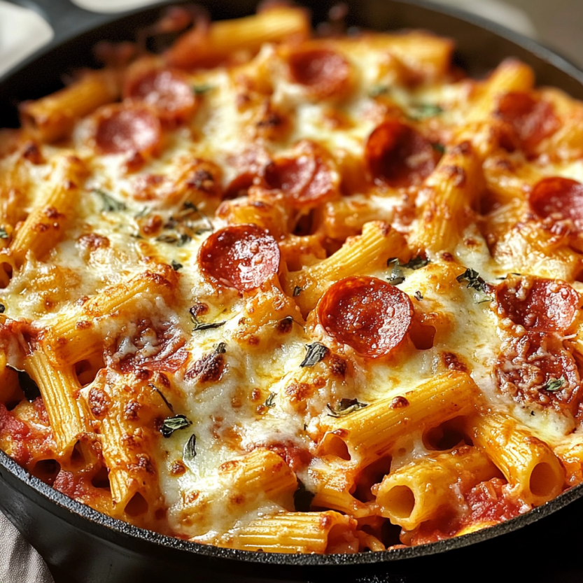 Une pizza maison faite de penne et de sauce tomate.