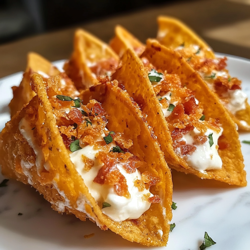 Une plaque de marbre sur laquelle sont disposés des nachos doritos garnis de fromage et de bacon.