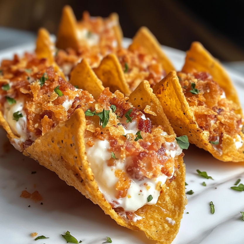 Une assiette de tortillas Doritos remplies de fromage et de bacon.