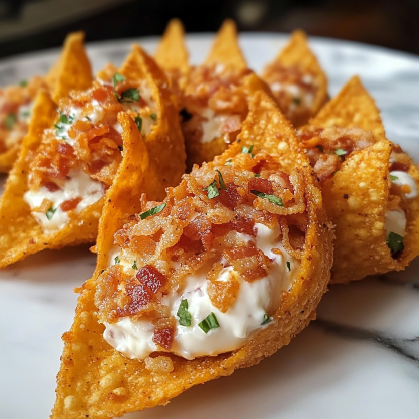 Une assiette de tortillas doritos remplies de fromage et de bacon.