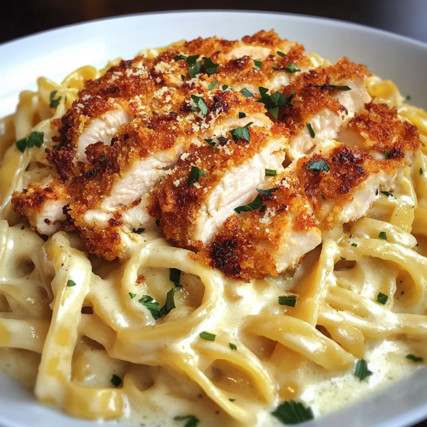 Une portion de fettuccine alfredo avec des morceaux de poulet croustillant.