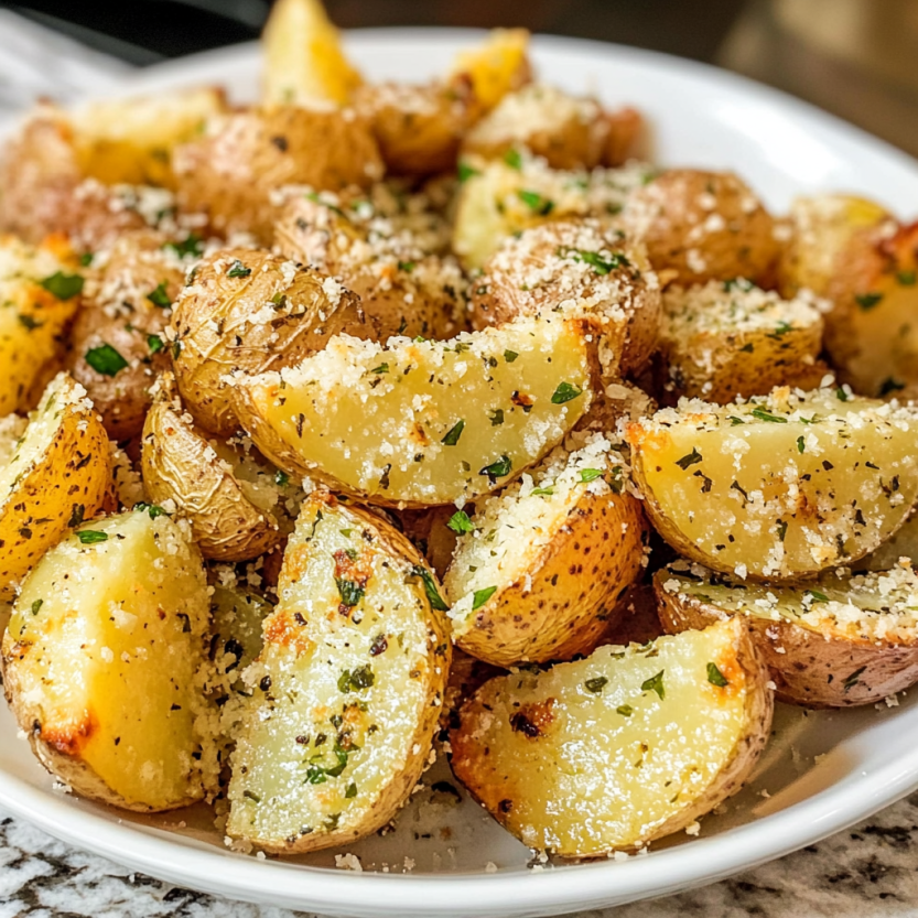 Une assiette de papilles de pomme de terre parmesan et garlic.