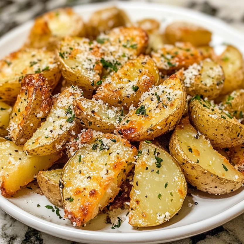 Une assiette de papas fritas avec du parmesan et du persil.