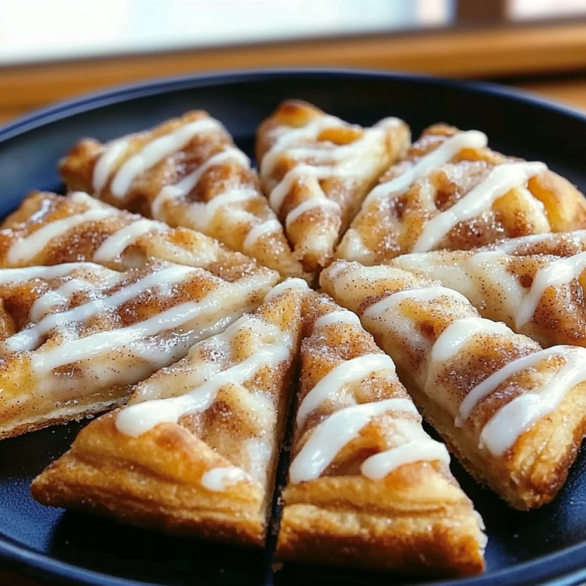 Une pizza faite avec des pains de croissant et saupoudrée de sucre et de cannelle.
