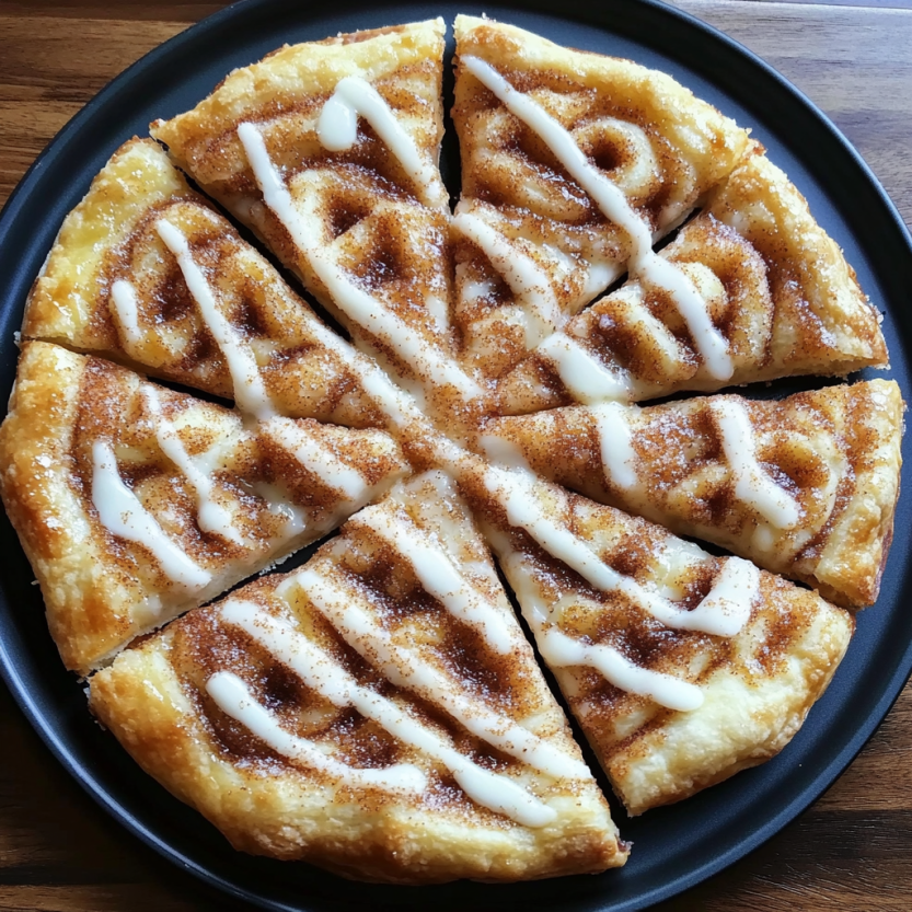 Une pizza faite avec des pains de croissant et sucrée avec du cannelle.
