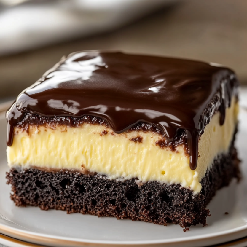 Une portion de Boston Cream Poke Cake sur un plateau.