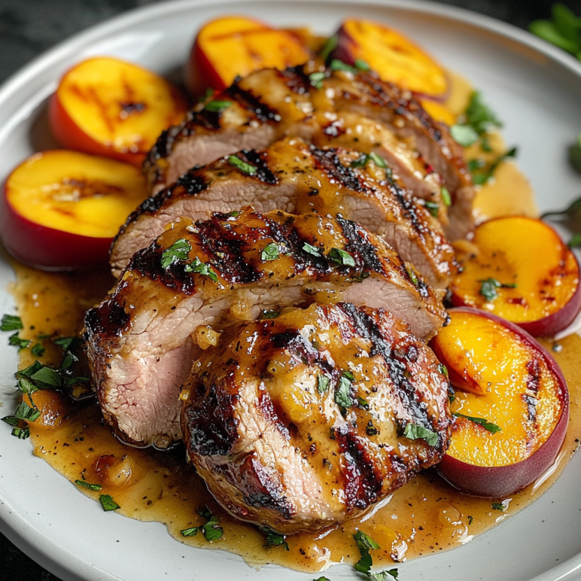 Une viande grillée de porc accompagnée de fruits de mer et de légumes.