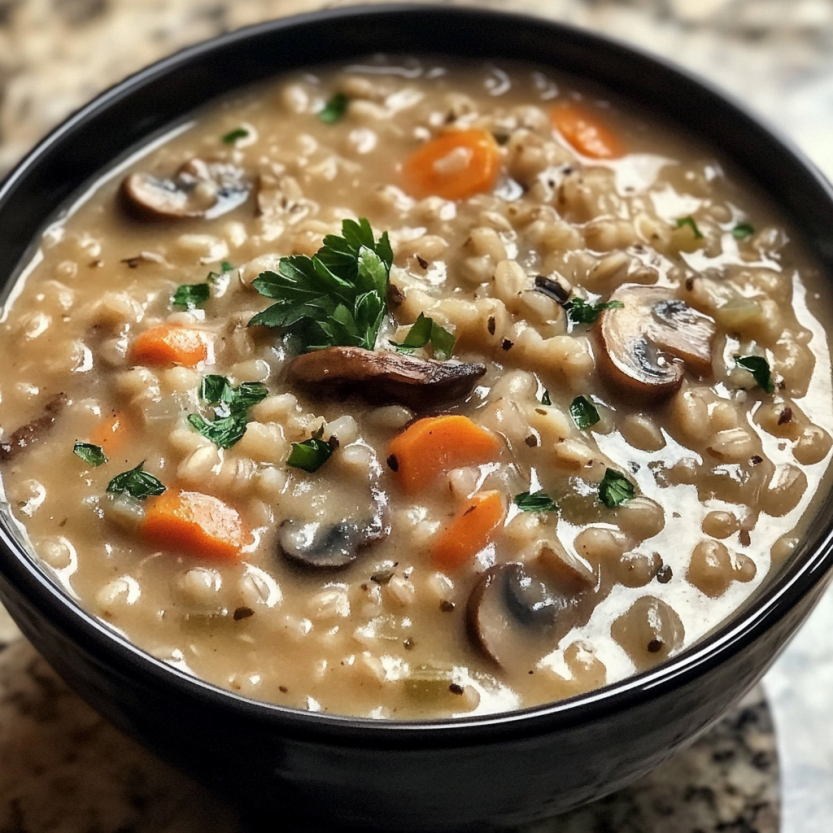 Un bol de soupe de barley et champignons.