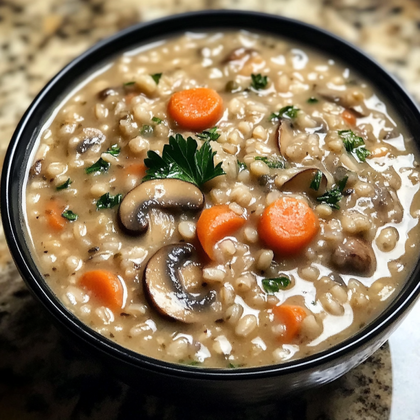 Un bol de soupe de barley et champignons sur une table.