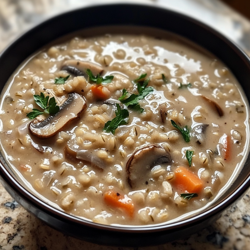 Une soupe de riz et champignons est servie dans un bol.