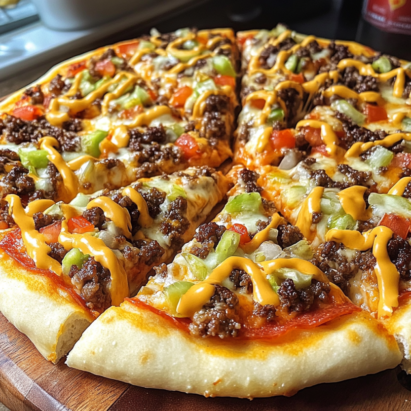 Une pizza avec des ingrédients de Big Mac.