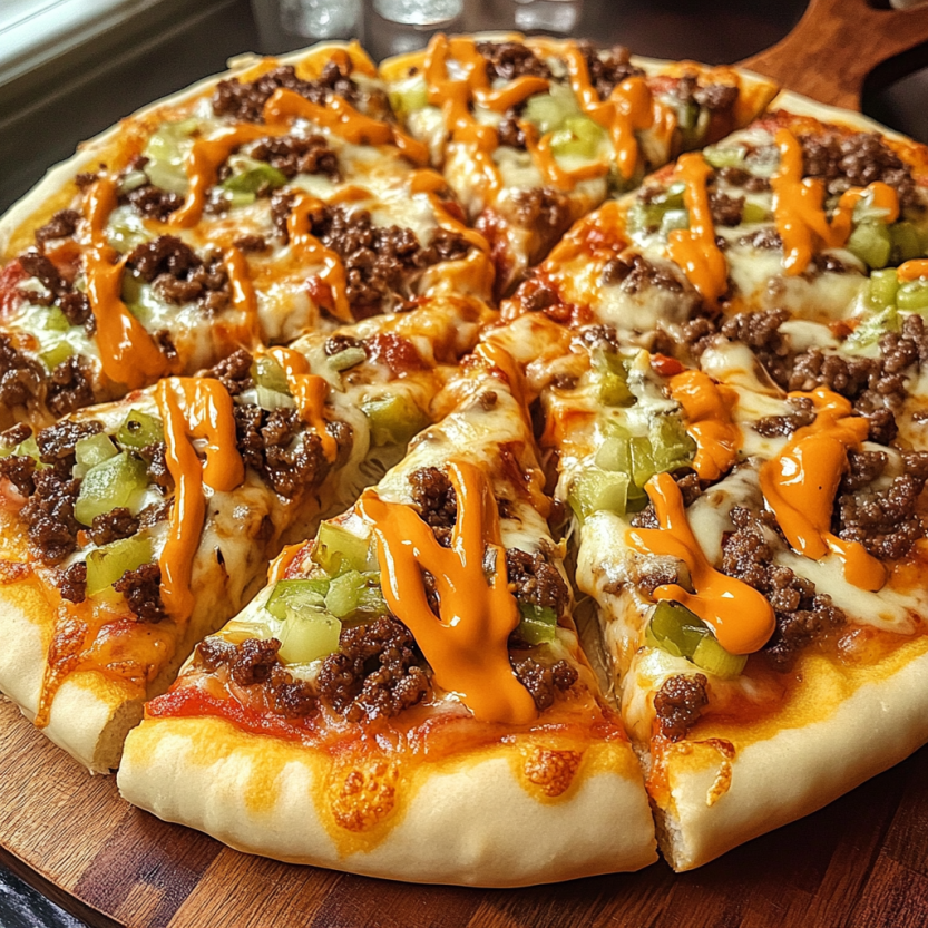 Une pizza avec des ingrédients de Big Mac.
