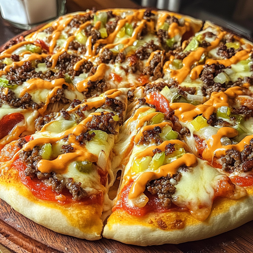 Une pizza avec des ingrédients de Big Mac.