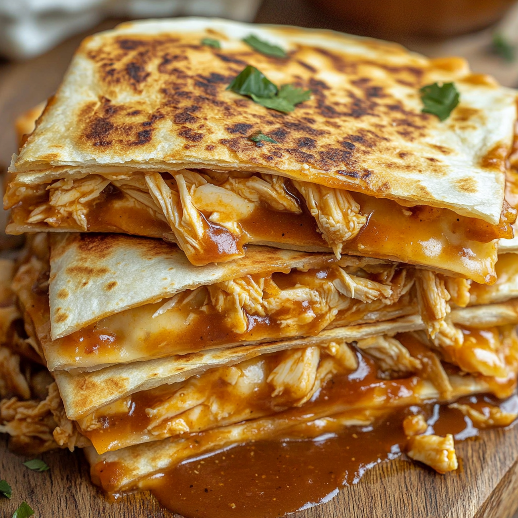 Quesadillas de poulet BBQ sur un plateau.