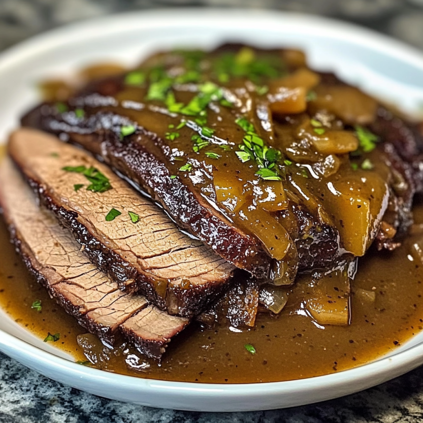 Une assiette de viande de bœuf grillé avec une sauce de vinaigre de balsamique et des oignons.