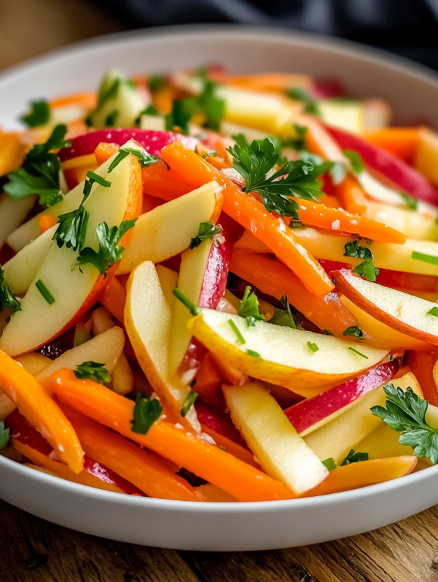 Une salade de carottes et d'apples croustillantes, servies dans un bol avec une sauce citronnaise crémeuse.