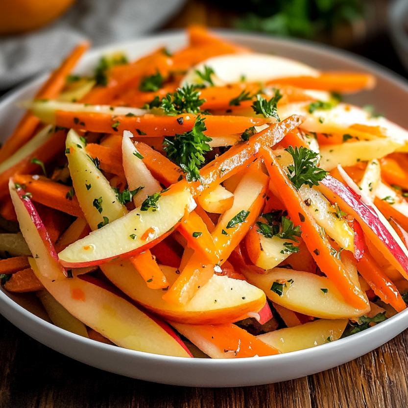 Une salade de carottes et d'apples croustillantes, servies dans un bol, avec une sauce citronnaise crémeuse.