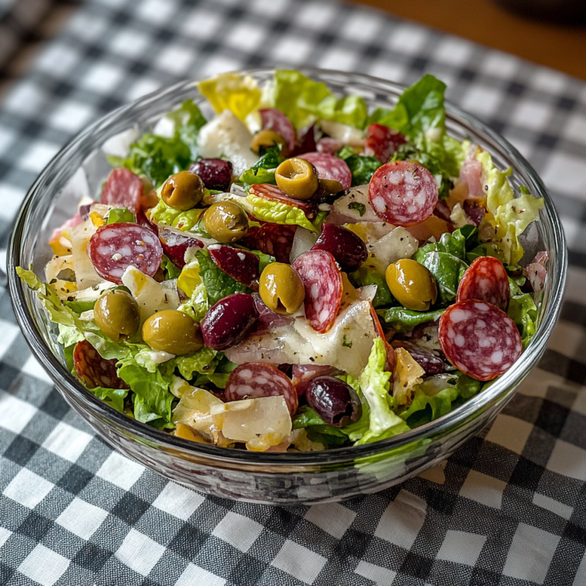 Une salade de charcuterie et de légumes dans un bol.