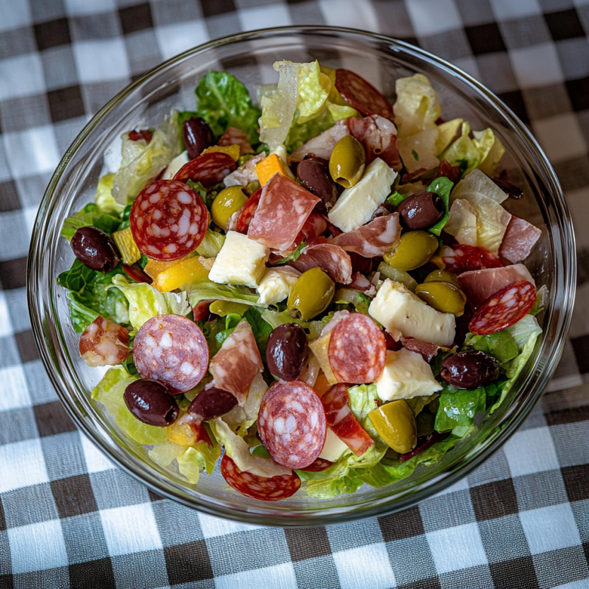 Une salade de charcuterie et de légumes dans un bol.