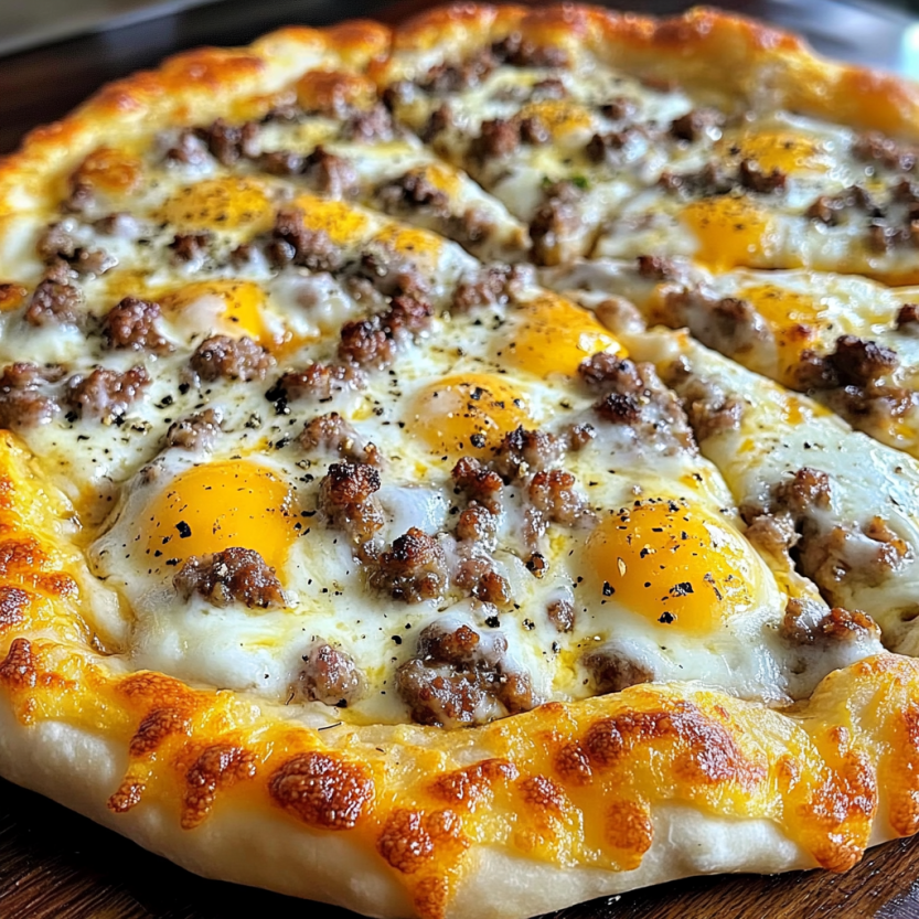 Une pizza avec des oeufs et du bacon.