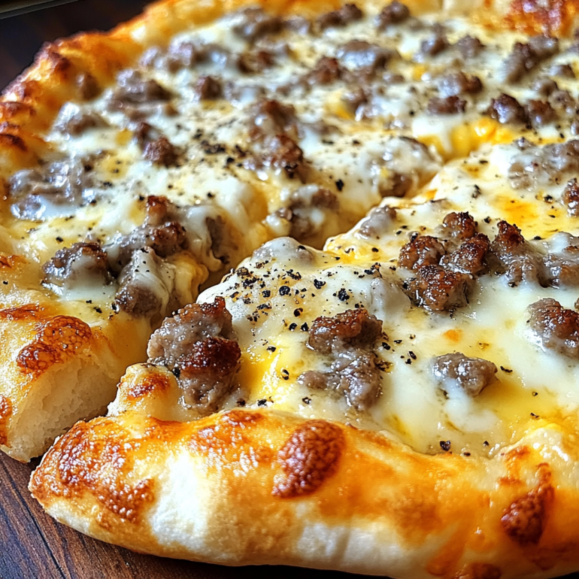 Une pizza à la sauce de viande, avec des morceaux de viande et des saucisses, est servie sur une plaque de bois.