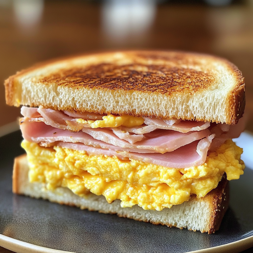 Un sandwich de matin composé d'œufs et de jambon.