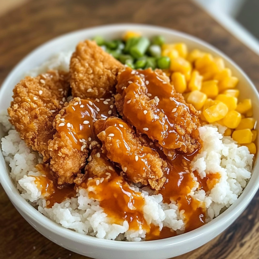 Un plat de riz et de poulet sauce au barbecue.