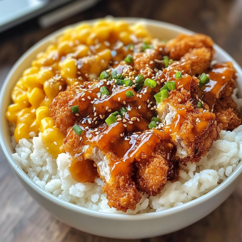 Un plat de riz et de poulet sauce au barbecue.