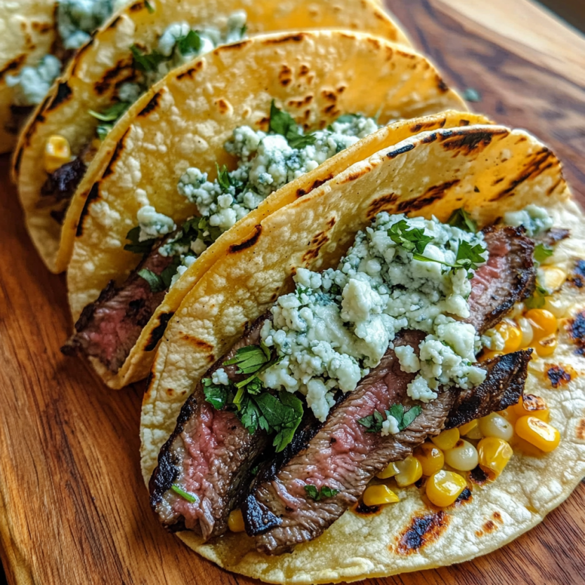 Steak tacos avec des tortillas grillées et du fromage bleu.