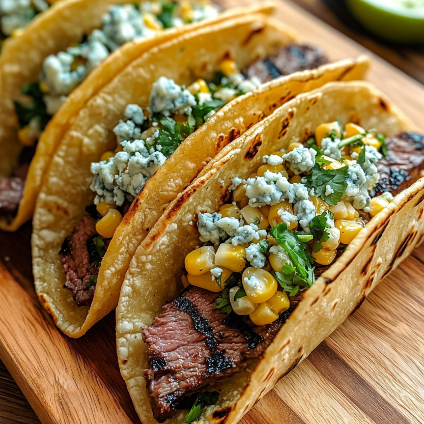 Steak tacos grillés avec des tortillas et des légumes verts.
